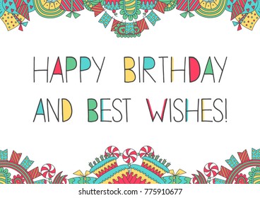 Birthday card template in doodle style. Birthday sweets, boxes of gifts, garlands and balloons, firework, candles on birthday pie. 