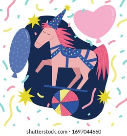 Birthday card template with funny circus horse character. Good for kids party, baby shower celebration, greeting and invitation with animal. Vector festive illustration. 
