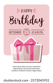 Birthday card template. Birthday card with gift box on pink background. Birthday party, celebration, invitation concept.