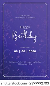 plantilla de tarjeta de cumpleaños con fondo morado degradado y dibujos de ornamento de silueta
