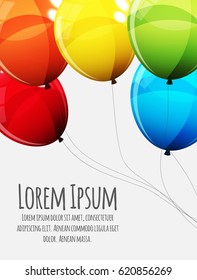 Birthday Card Template with Group of Colour Glossy Helium Balloons Isolated on White Background. Vector Illustration EPS10

