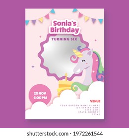 Birthday Card Template Layout With Delicious Cake, Unicorn And Copy Space On Pink Background.