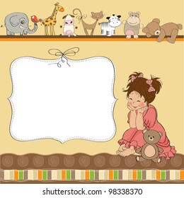 birthday card template with little girl and toys