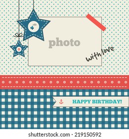 Birthday card template, marine design. Cream, red and blue colors. Photo frame and decorative elements with anchor, wheel and ship on a polka dot and plaid background