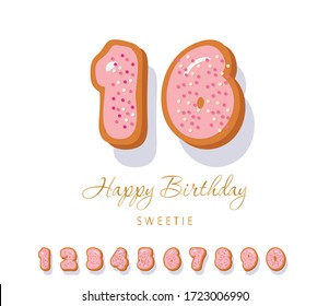 Birthday card template. Sweet  sixteen. Cute cartoon numbers set for anniversary design. Girly. Vector illustration