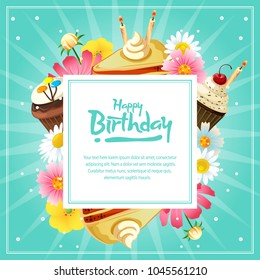 birthday card template with sweet treat and flower