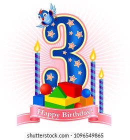 Birthday card template. Three years celebration. Cartoon style design.