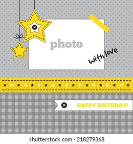 Birthday card template. White, gray and yellow colors. Photo frame and decorative elements on a polka dot and plaid background