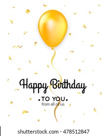 Birthday card template with yellow balloon, confetti and ribbon. Holiday background. Vector eps 10 format.