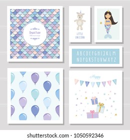 Birthday card templates set. Mermaid and little unicorn cartoon characters. Narrow font and seamless pattern included.