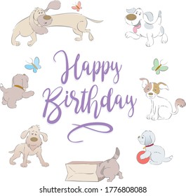 Birthday card text surrounded by dogs playing with butterflies childrens vector illustration