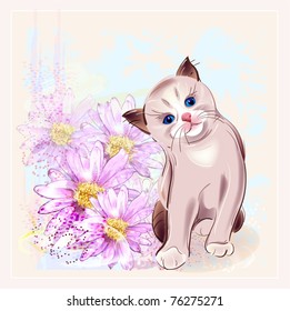 birthday card with thai kitten and gerberas