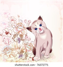 birthday card with thai kitten and roses.Watercolor style.