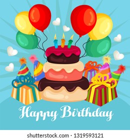 birthday card theme with gift box balloon tart party hat