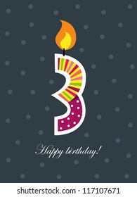 Birthday card, third birthday with candle , number three