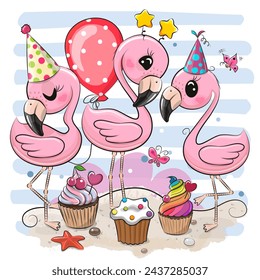 Birthday card with Three Cute Flamingos with balloon and bonnets