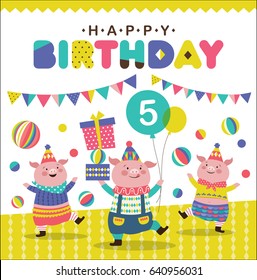Birthday card with three cute little pigs