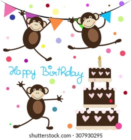 Birthday card with three cute monkeys and a cake.