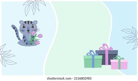 Birthday card with tiger or cat and gifts. Bright flyer. Vector flat illustration. Banner concept idea. Birthday card with inscription. Poster, holiday party invitation.