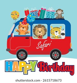 Birthday card with tiger, lion and zebra in the car