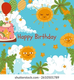 Birthday card tropical palms, sun