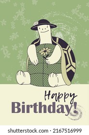 birthday card with turtle and flowers, vector holiday illustration