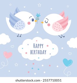 Birthday card with two birds one bird giving a flower to the other on a blue background with cloud