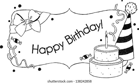 Birthday card. Uncolored hand drawn  birthday greetings with a cake, hat and bow. 