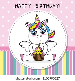 birthday card. unicorn with cake