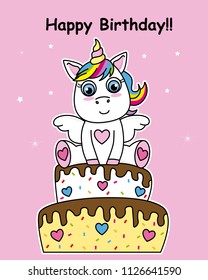 birthday card. Unicorn on top of a cake