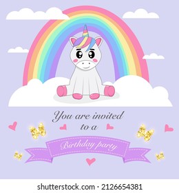 Birthday card with unicorn sitting on the cloud with rainbow behind the back.