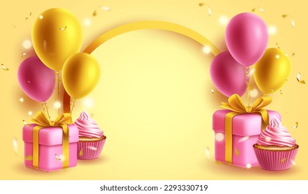 Diseño de fondo vectorial de tarjeta de cumpleaños. Feliz tarjeta de invitación de cumpleaños con globo, caja de regalo y elementos de torta de copa. Tarjeta de banner de saludo de ilustración vectorial.
