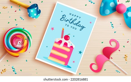 Fondo vectorial de la tarjeta de cumpleaños. Feliz texto de bienvenida de cumpleaños en espacio de papel para el diseño de la invitación de fiesta para niños. Ilustración vectorial.