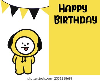 Birthday card vector design for a print, banner, poster. a cute puppy wearing a yellow hoodie