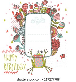 Birthday card in vector. Funny cartoon holiday card with cute frog