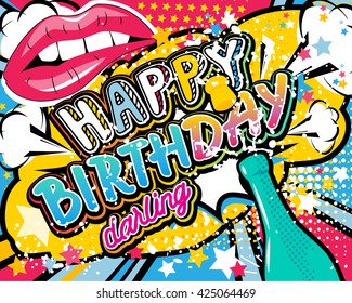 Birthday Card - vector illustration with champagne, lips and stars elements.
