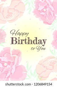 Birthday card. Vector postcard. Postcard with peonies.