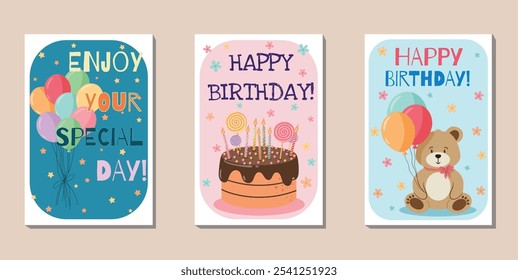 Birthday Card Vector Set Illustrations. Festive Collection of Designs for Celebrations and Greetings. Kids birthday, party