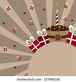 birthday card vector template with cake, gifts and place for inscription