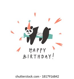 Birthday card vector template. Cute panda in festive hat and handwritten Happy Birthday phrase