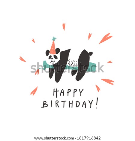 Birthday card vector template. Cute panda in festive hat and handwritten Happy Birthday phrase