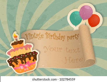 Birthday Card In Vintage Style With Cake And Balloons Made Of Paper