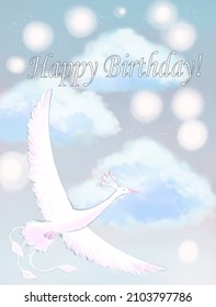 Birthday card, white Bird in the clouds