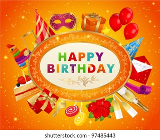 Birthday card (with set of birthday elements). Conceptual vector illustration on orange background with stars