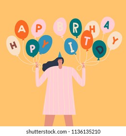 Birthday card with women holding colourful balloons with text quote happy birthday.