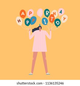 Birthday card with women holding colourful balloons with text quote happy birthday.