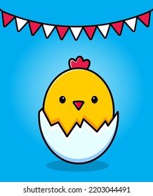 Birthday card. Yellow chicken in a shell. Children's print. Vector illustration