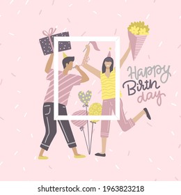 Birthday card yoang with woman and man holding gift and bunch of flowers with text quote happy birthday. Friends taking photo with picture frame at the party. Flat vector card or invitation.