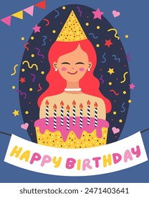 Tarjeta de cumpleaños, mujer joven y torta de cumpleaños con velas, Ilustración vectorial en estilo plano