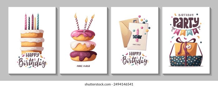 Tarjetas de cumpleaños con pastel, velas, donas de cumpleaños y regalos. Letras manuscritas. Fiesta de cumpleaños, celebración, felicitaciones, concepto de invitación. Ilustración vectorial. Postal, tarjeta, portada.